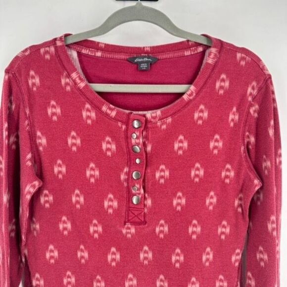 Eddie Bauer Women's Printed Waffle Knit Long Sleeve Henley Top Red Large Ikat - Picture 6 of 11
